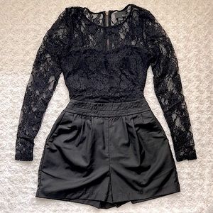Forever 21 Black Romper Lace Long Sleeve Tie Waist